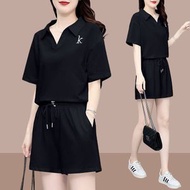 休閒時尚套裝女夏季V領Polo衫上衣運動短褲兩件套潮-白色 M
