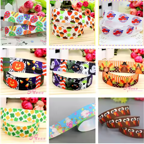 DHK 7/8'' 5yards Easter Halloween Printed Grosgrain Ribbon Accessories Headwear Decoration Collar DI