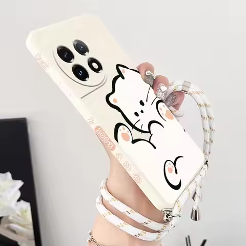 White Cloud Cat Crossbody Lanyard Silicone Phone Case For Oneplus 11 11R 10R 10T 9R 10 Pro 9 Pro 9 8