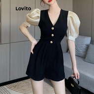 Lovito Elegant Jumpsuit Plain Button Colorblock Jumpsuit for Women LNE36108 (Black)