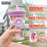 BONBOX 600ml 3in1 Aesthetic Glass Drinking Bottle with Silicone Straw Spoon/ Multifunctional Straine