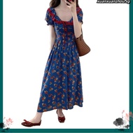 [Rika] Arrive The Next Day Women's Dress Long Narrow-Waisted Floral Blue Slimmer Look Versatile Fren