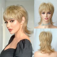 Short Blonde Shaggy Layered 80's Mullet Pixie Wig with Bangs Wolf Cut Wavy Synthetic Natural Funny 7