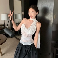 Polka Dot Mesh Scarf Camisole Sexy Hot Girl Short Sleeve Waist Vest Women Top ST