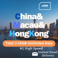 China HongKong Macau  eSIM 3-30 Days Total 3-20GB Unlimited 4G Data High Speed China SIM Card 中港澳上网卡