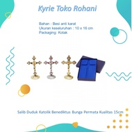 Catholic Benedict Flower Gem Sitting Cross 15cm Quality - Catholic Table Cross - Cross Display