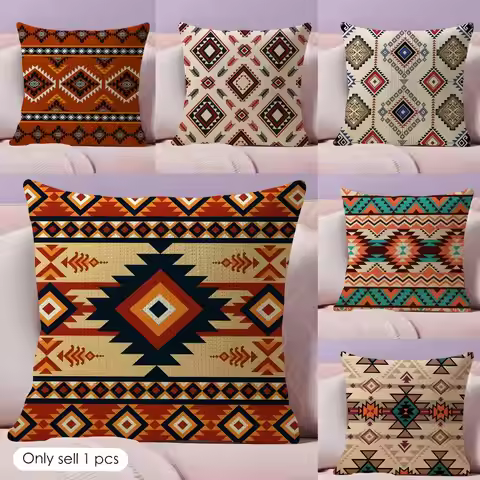 Navajo Azteca Pattern Cushion Cover Natural Linen Pillow Case Double-Sided Print Decorative Sofa Pil