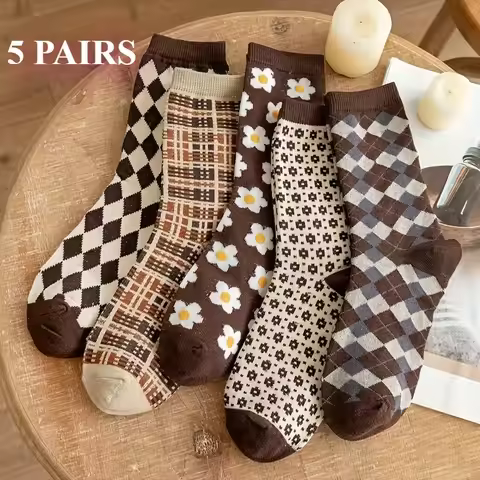5 Pairs Women Cotton Argyle Comfortable Crew Socks Floral Print Fashion Middle Tube Short Socks Set 