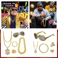 HIk 80s 90s Hip Hop Costume Outfit Kit Necklace Rings Sunglasses Hat Cool Rapper Accessories Hallowe