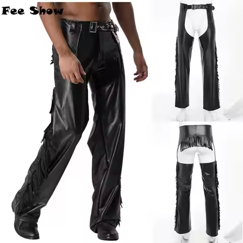 Men Western Show Chaps Motorcycle Cowboy Faux Leather Fringed Chap Pants Cutout Sides Zipper Tassels
