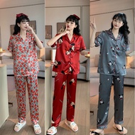 🔥Baju Tidur Wanita women female Satin Quality Silk Pyjamas Short Sleeve Pajamas Home Service Sleepwear Borong Set