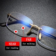 Bifocal reading glasses for near and far views Luxury anti-blue frameless glasses for male female +0