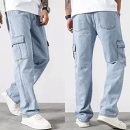 KK Korean Men's Cargo Pants Straight Jeans Bag 2026 New Casual Wide-Leg Seluar Cargo Lelaki Seluar P