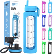 32 oz Glass Water Bottle with Straw Lid, Time Marker, Sleeve & Extra Lid - Motivational, Wide Mouth,
