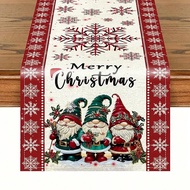 1pc Festive Linen Christmas Table Runner With Watercolor Gnomes, Santa Claus, And Snowflakes - Merry