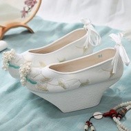 New Hanfu Shoes Original Hanfu Shoes Hanfu Women's Shoes Ancient Flower Pot Shoes Checked Shoes Ming Made Antique High Heels Vintage Upturned Hanfu Embroidered Shoes GRB3