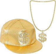 Hip Hop Costume Hat Kit 80s 90s Gold Hat with Dollar Sign Necklace Rapper Costume for Men and Women,