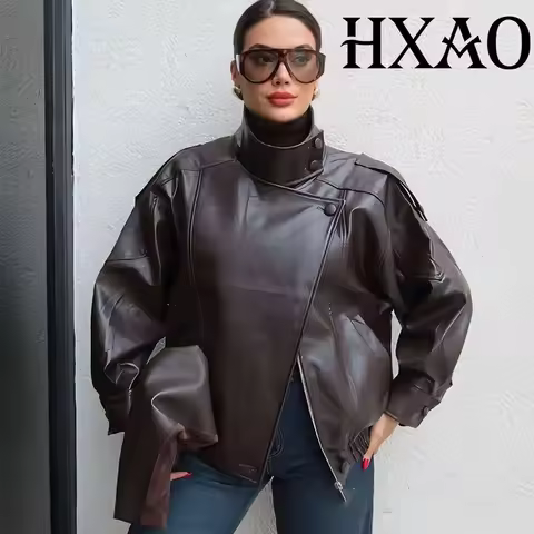 HXAO Faux Women's Leather Jacket Cropped Brown Bomber Jacket Woman Winter Motorcycle Black Jacket Lo