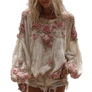 fulaide Digital Print Blouses Neckline Blouses V-neck Lantern Sleeve Womens Shirt with 3d Flower Pat