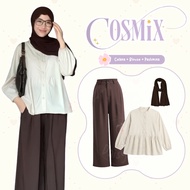 Korean Style Fashion Hijab Set 3in1Wanita Kyren Blouse/ IVORY + Jennie Knit Choco Pants + Dark Brown
