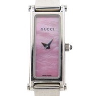 二手 Gucci 1500L 不鏽鋼石英錶，附模擬顯示和粉紅色錶盤，適合女士。