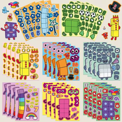 8/16Sheets Cartoon Numberblocks Decorative Puzzle Stickers PVC Material Children Educational Toys Wa