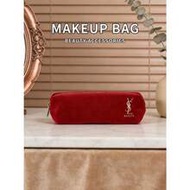 Authentic YSL BEAUTE Red Velvet Zippered Storage Bag, Mini Long Makeup Pen Bag, Portable Lipstick, M