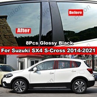 8x Car Door Window Column BC Pillar Post Cover Trim For Suzuki SX4 S-Cross 2014-2021 Carbon Fiber Black Mirror Effect PC Sticker Car Window Center Pillar Sticker