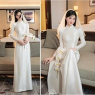 Handmade beaded white brocade ao dai, bridal ao dai, modern wedding dress, luxurious wedding dress