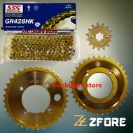 SSS GR 428 HK GOLD CHAIN + 428 SPROCKET ZFORE RXZ/LC135/Y125Z/Y15ZR Y16ZR(4 LUBANG) HUB ,LAGENDA110