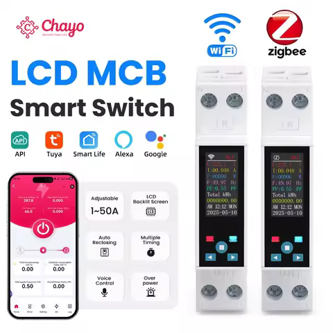 Tuya Smart Switch WIFI/Zigbee LCD Display 1-50A Adjustable Smart MCB Switch,Energy Meter,Timer,Works