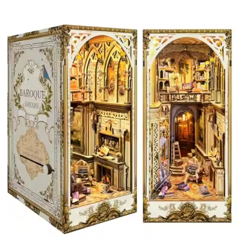 DIY Book Nook Kit - Bookend Diorama with LED - 3D Wooden Puzzle DIY Miniature House Kits - Bookshelf