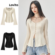 Lovito x Gladish Casual T-Shirt Plain Asymmetrical Button Front Corset T-Shirt for Women L52AD153 (M
