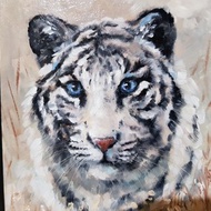 Original cute white tiger artwork hand painted Oil painting on Cardboard