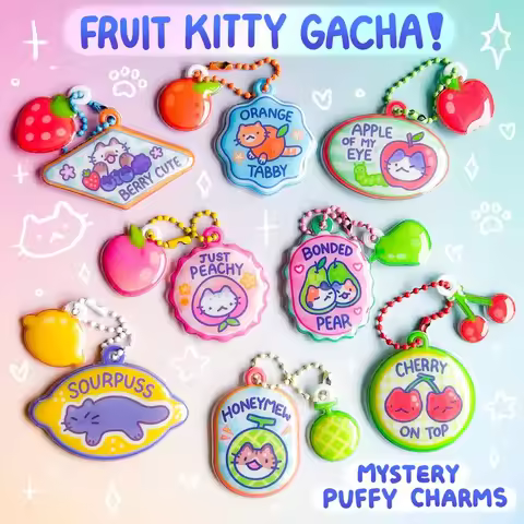 Fruit Kitty Puffy Squishy Mystery Charm Blind Bag Fruit Sticker Produce Cat Pet Picnic Pun Retro PVC
