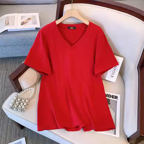 150Kg Plus Size Women's Bust 152 Summer Cotton Short Sleeve T-shirt V-Neck Loose Top 5XL 6XL 7XL 8XL