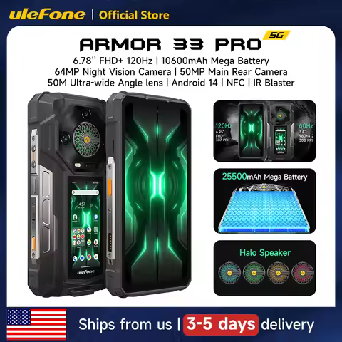 Ulefone Armor 33 Pro 5G Rugged Phone 25500 mAh 512GB ROM 120Hz 6.59”3.4" Rear Screen NFC Android Sma