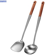 SANRUI Wok Shovel Wood Handle Kitchenware Stainless Steel Lengthened Cooking Spoon