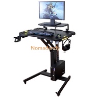 Small Desk Movable with Wheels Sit Stand Desk with Monitor Riser and RGB Lights Adjustable Table for