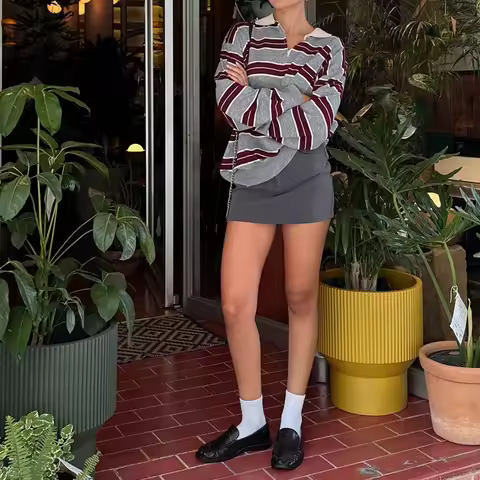 Combhasaki Women Striped Rugby Knitwear Pullovers Y2K Oversized Pol0 Sweatshirt Preppy Collared Knit