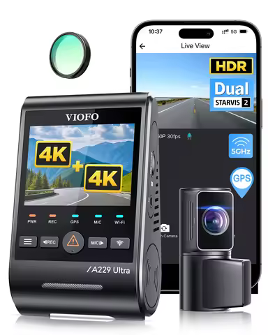 VIOFO A229 Ultra 2CH Dual 4K Dash Cam Front and Rear, Super Night Vision 4K HDR, Faster 5GHz Wi-Fi G