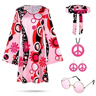 Halloween 70s Hippie Disco Costume Holiday Dress Headscarf+Printed Dress Two-Piece Set