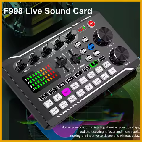 F998 Live Sound Card Audio Interface Bluetooth DJ Mixer Voice Changer Stereo Amplifier for YouTube P