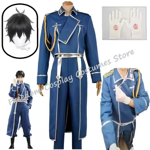 Roy Mustang Cosplay Anime Fullmetal Alchemist Costume Uniform Wig Blue Fight Military Coat for Men H