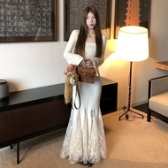 [BIGSTYLE] Slim fish tail dress fits the hips with French cream square neck cut lace plus size 300 p