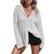 Women Shirt Lapel Long Sleeve Shiny Sparkling Shirt Tops Solid Color Loose Fit Single Breasted Casua