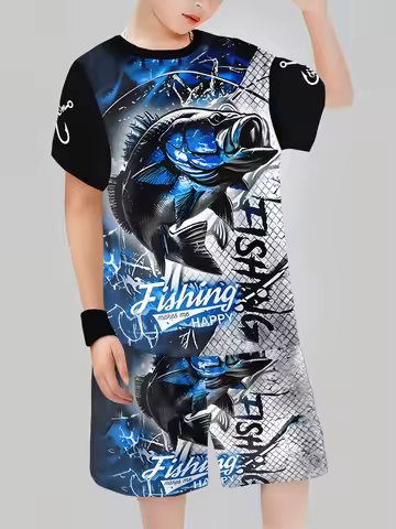 Fishing Themed Kids Sport Suit "Fishing Makes Me Happy" Graphic Tee and Shorts 2-Piece Set Blue Casu