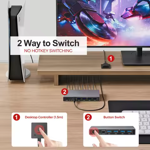 UNITEK KVM Switch 2-Port DisplayPort 1.4 HDMI Switcher with USB Hub DP 4K@144Hz 8K@60Hz Plug & Play 