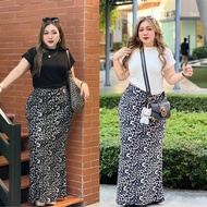 Plus size ชุดเซ็ท2ชิ้น เสื้อยืดผ้าเกาหลีคอกลมดำ+กระโปรงยาวลายเสือของสาวอวบ แฟชั่นผู้หญิงอ้วน ติดกระแ