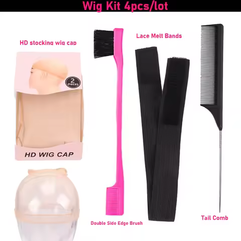 4Pcs/Lot Hd Wig Cap Egde Laying Elastic Band For Lace Front Wigs Edge Control Brush With Tail Hair C